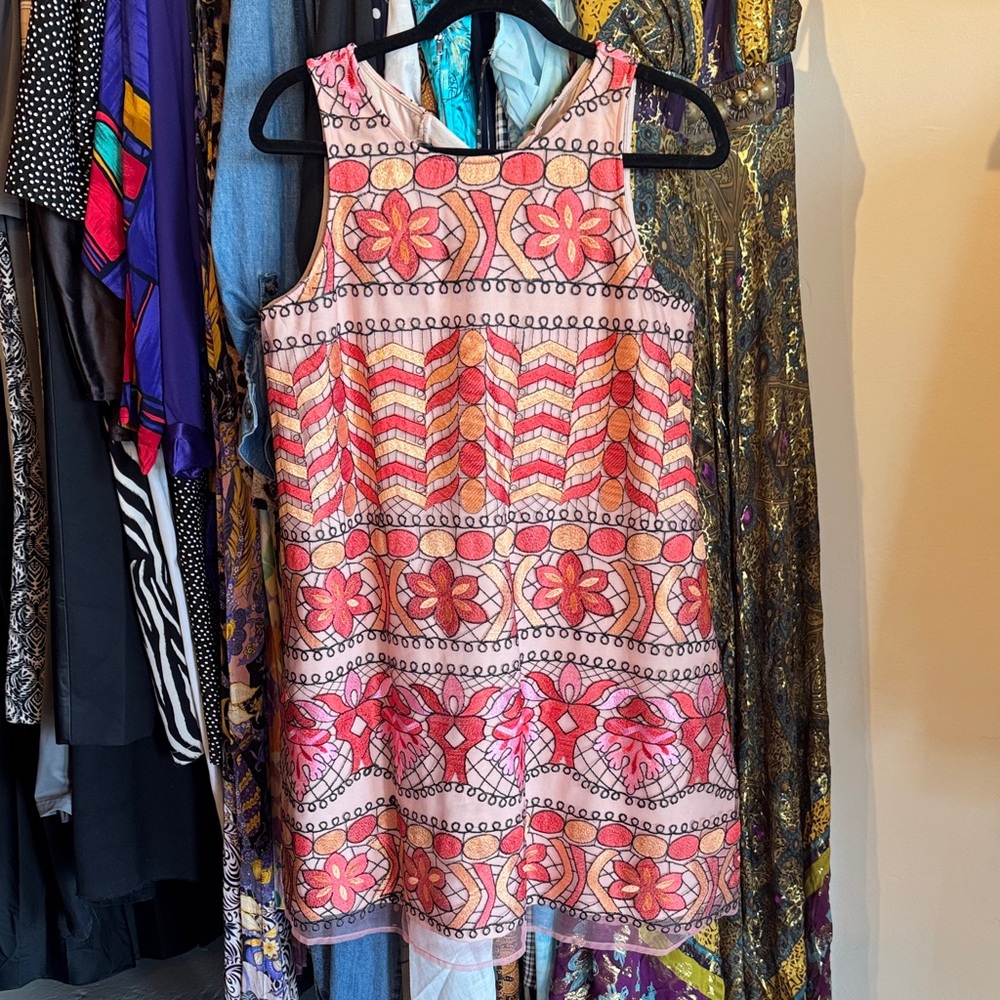 ECI Floral Embroidered Sheer Overlay Pink & Orange Shift Dress